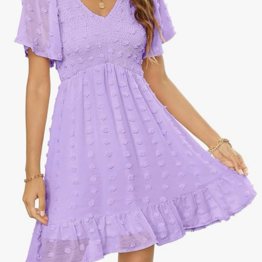 Lavender Smocked V-Neck Mini Dress with Ruffle Hem